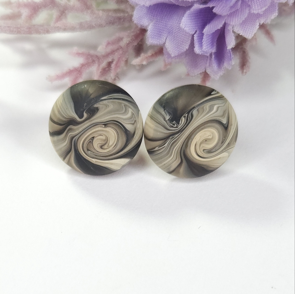 White Silver & Black Swirl Resin Gold Plated Post Earrings - Picture 5 of 9